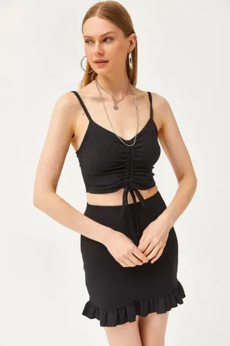 Women's Black Ruched Top and Mini Skirt Set T - 4