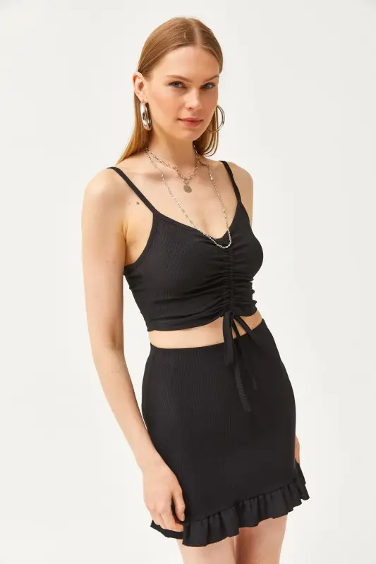 Women's Black Ruched Top and Mini Skirt Set T - 5
