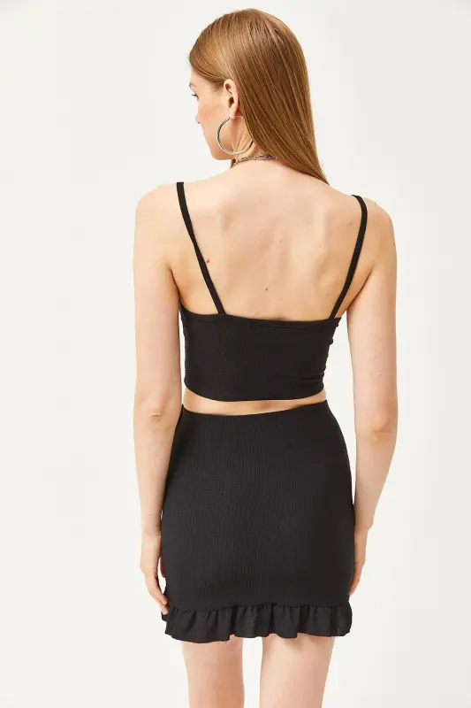 Women's Black Ruched Top and Mini Skirt Set T - 6