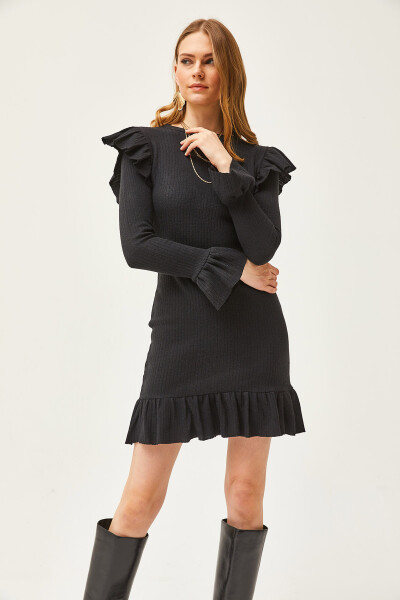 Women's Black Ruffled Dress with Shardon Detail ELB-19002038 - 2