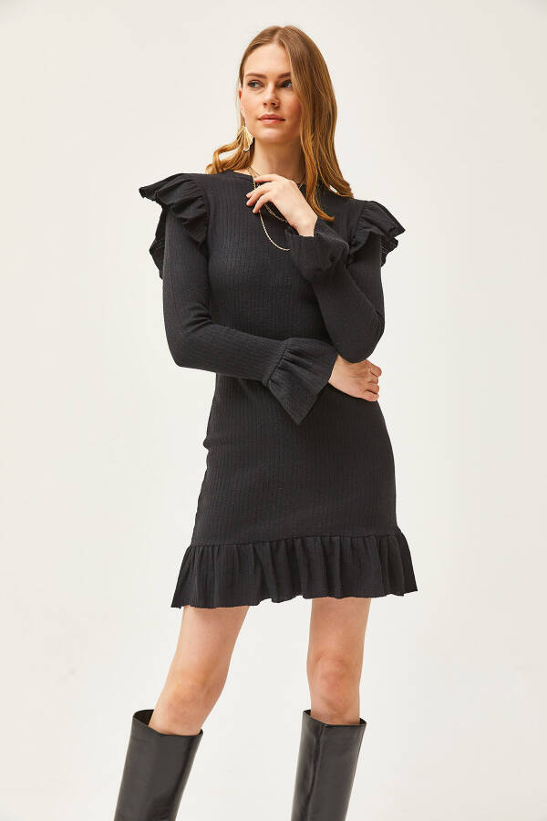 Women's Black Ruffled Dress with Shardon Detail ELB-19002038 - 2