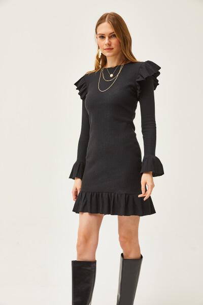 Women's Black Ruffled Dress with Shardon Detail ELB-19002038 - 3