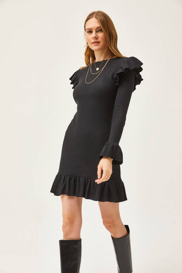 Women's Black Ruffled Dress with Shardon Detail ELB-19002038 - 4