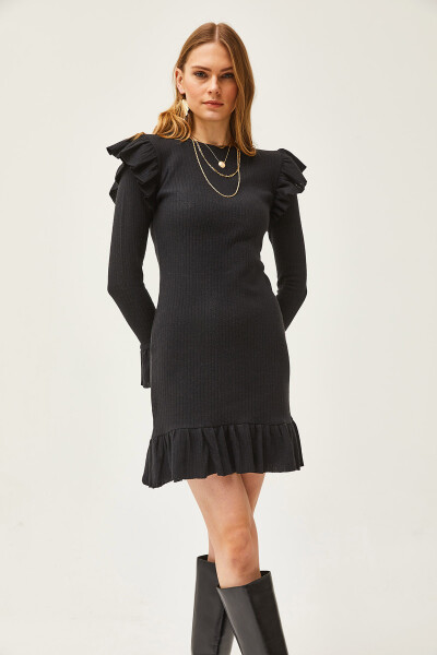 Women's Black Ruffled Dress with Shardon Detail ELB-19002038 - 5