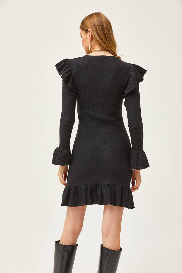 Women's Black Ruffled Dress with Shardon Detail ELB-19002038 - 6