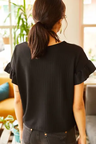 Women's Black Ruffled Sleeve Bustier T-Shirt TSH-1900 - 4
