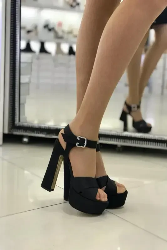 Women's Black Satin Ankle Strap Peep Toe Platform High Heel Shoes-BLACK - SHOELAYN