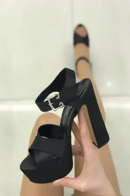 Women's Black Satin Ankle Strap Peep Toe Platform High Heel Shoes-BLACK - 4