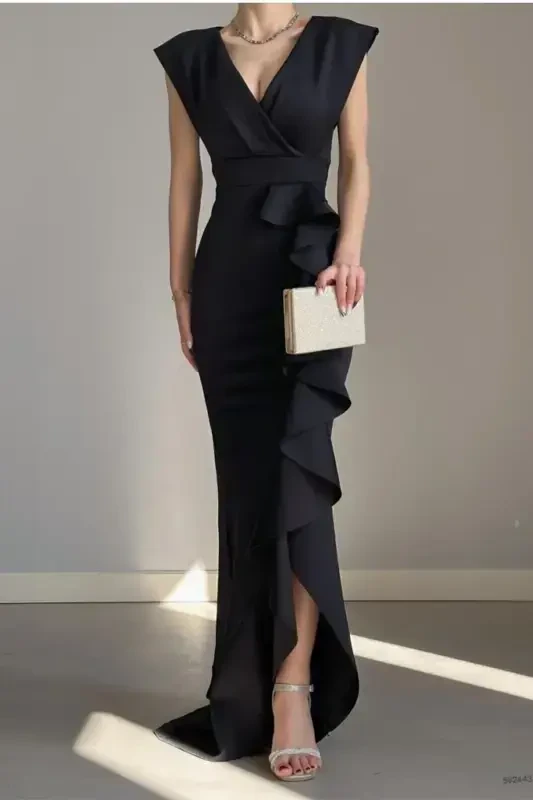 Women's Black Scuba Diver Fabric Wrap V-Neck Ruffle Hem Formal Prom Wedding Dress - 1