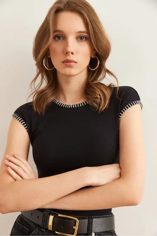 Women's Black Seam Detailed Soft Touch Flexible Blouse BL - 11