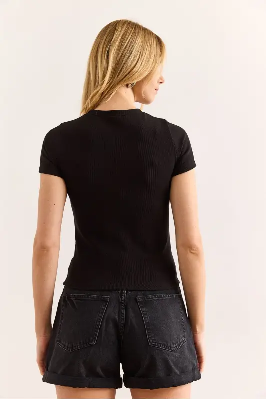 Women's Black Sequin Bow Detailed Thin Ribbed Crop - 2