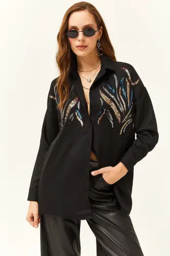 Women's Black Sequin Embellished Wool Effect Oversize Winter Shirt-Black - OLALOOK (1)
