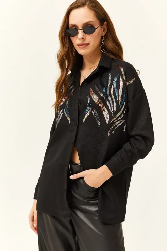 Women's Black Sequin Embellished Wool Effect Oversize Winter Shirt-Black - 3
