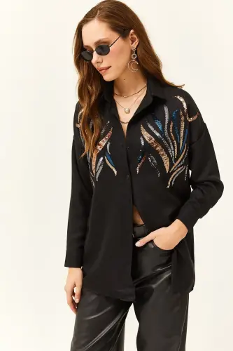 Women's Black Sequin Embellished Wool Effect Oversize Winter Shirt-Black - 5
