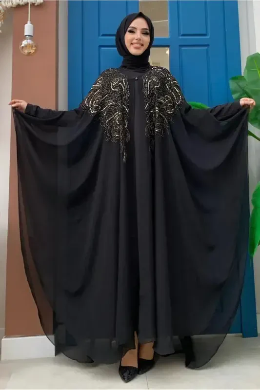 Women's Black Sequin Embroidered Cape Evening Dress T 3773-BLACK - 1