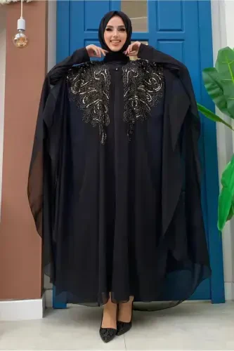 Women's Black Sequin Embroidered Cape Evening Dress T 3773-BLACK - 2