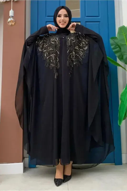 Women's Black Sequin Embroidered Cape Evening Dress T 3773-BLACK - 2