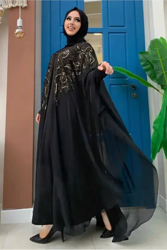 Women's Black Sequin Embroidered Cape Evening Dress T 3773-BLACK - 4