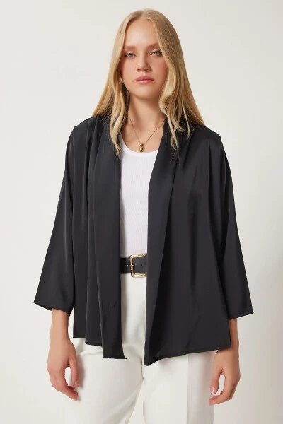 Women's Black Shawl Collar Chic Satin Surface Jacket MC00291 - HAPPINESS İSTANBUL