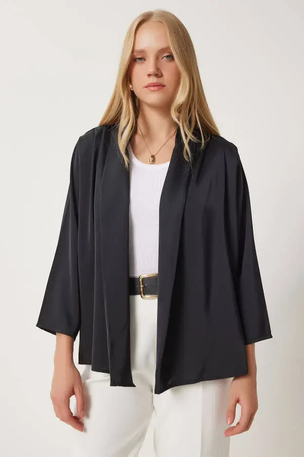 Women's Black Shawl Collar Chic Satin Surface Jacket MC00291 - 1