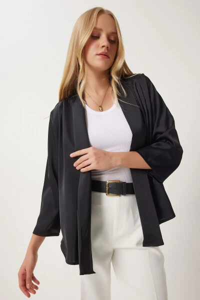 Women's Black Shawl Collar Chic Satin Surface Jacket MC00291 - HAPPINESS İSTANBUL (1)