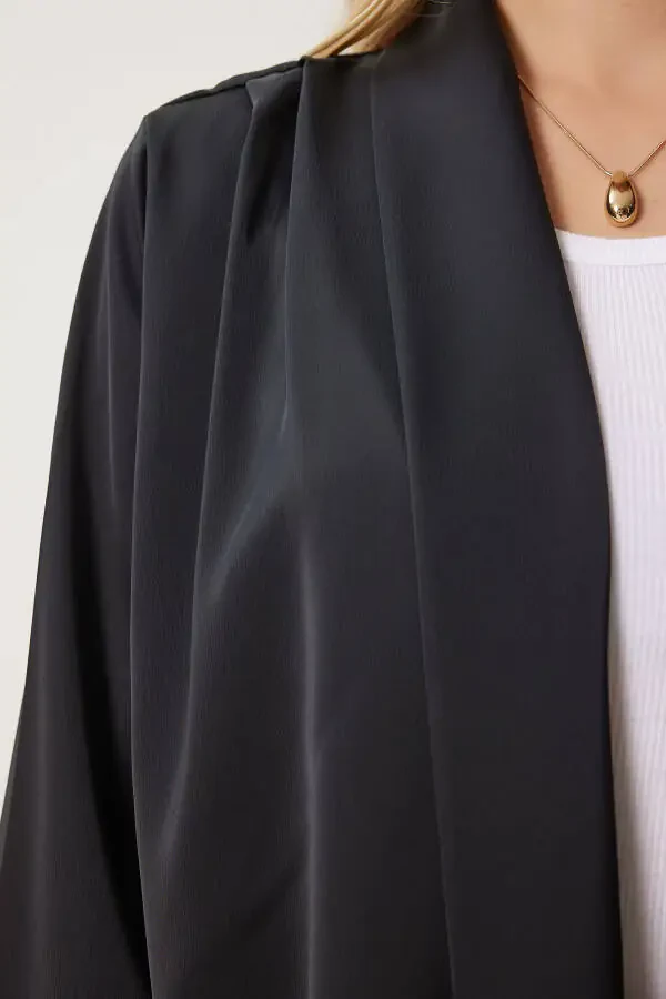 Women's Black Shawl Collar Chic Satin Surface Jacket MC00291 - 3