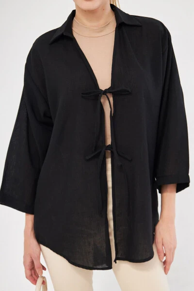 Women's Black Shirt Collar Front Tie Kimono Top - ARMONIKA (1)