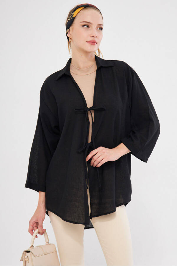 Women's Black Shirt Collar Front Tie Kimono Top - 3