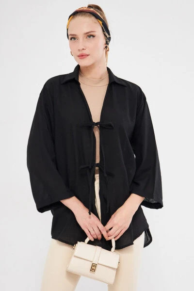 Women's Black Shirt Collar Front Tie Kimono Top - 4