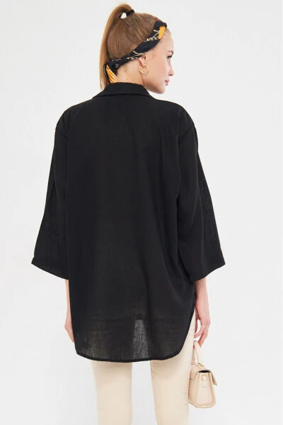 Women's Black Shirt Collar Front Tie Kimono Top - 5