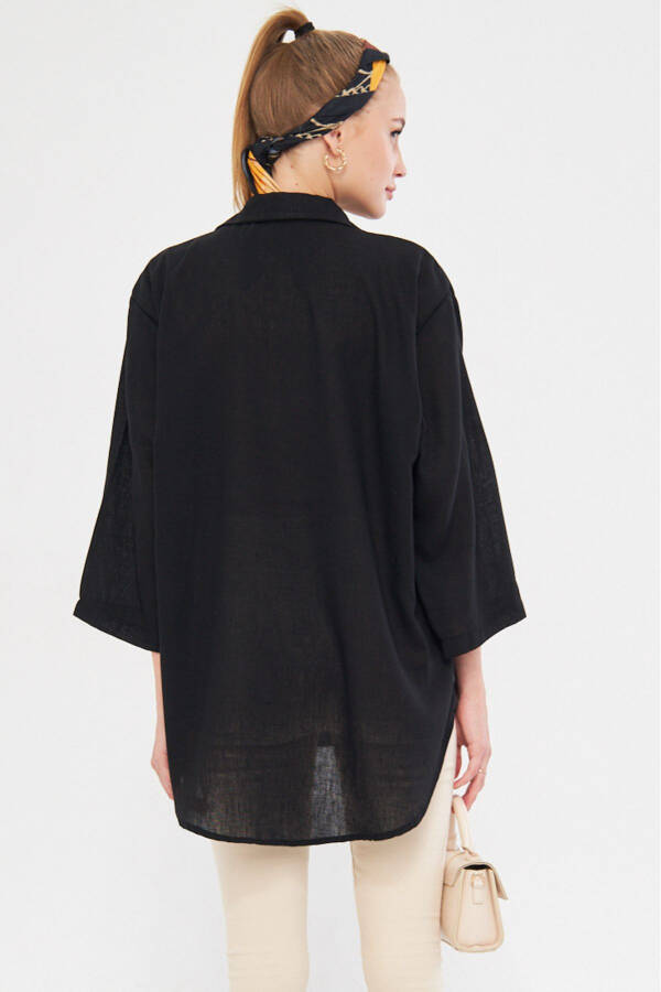 Women's Black Shirt Collar Front Tie Kimono Top - 5