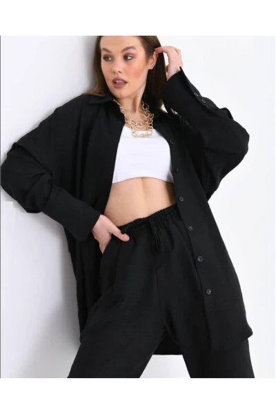 Women's Black Shirt Trousers Linen Flared Oversize Top & Bottom Set - GENEL MARKALAR (1)