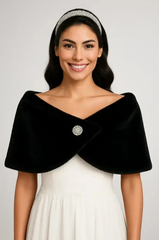 Women's Black Short Brooch Fur Stole Bridal Bolero Shoulder Wrap - 1