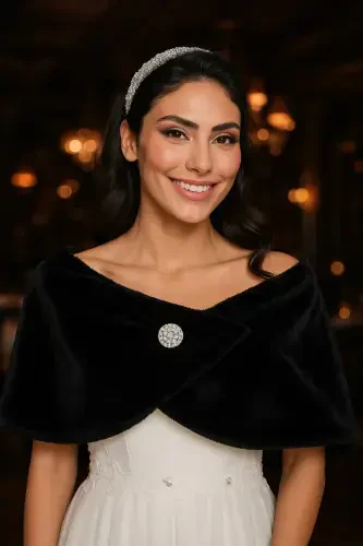 Women's Black Short Brooch Fur Stole Bridal Bolero Shoulder Wrap - 5