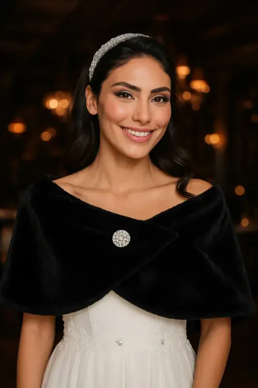 Women's Black Short Brooch Fur Stole Bridal Bolero Shoulder Wrap - 5