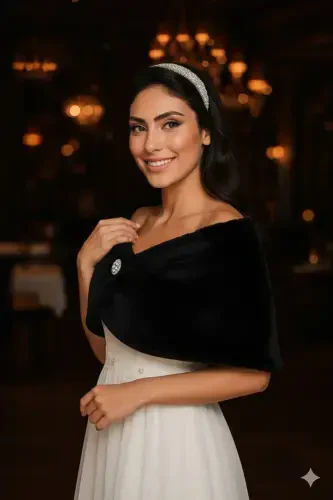 Women's Black Short Brooch Fur Stole Bridal Bolero Shoulder Wrap - 6