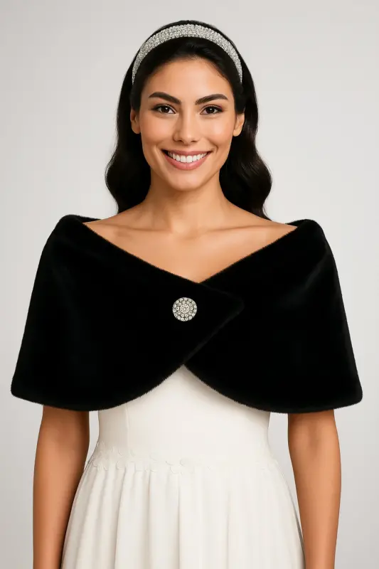 Women's Black Short Brooch Fur Stole Bridal Bolero Shoulder Wrap - 1