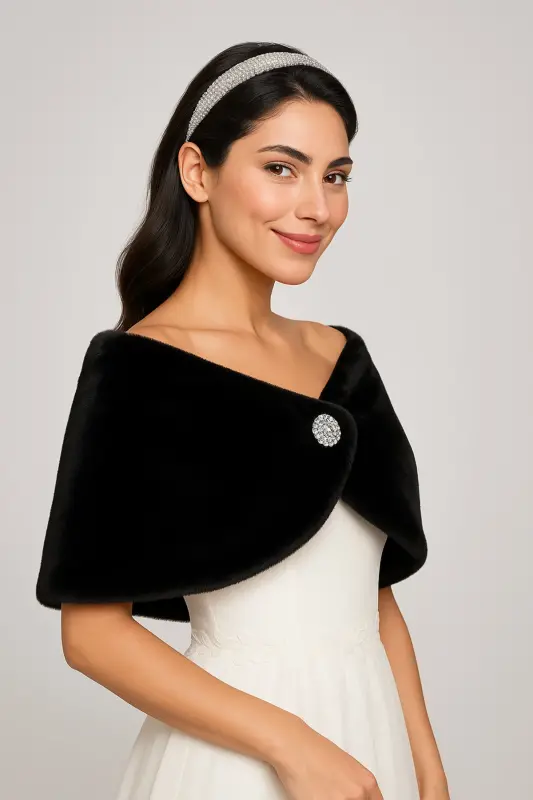 Women's Black Short Brooch Fur Stole Bridal Bolero Shoulder Wrap - 10
