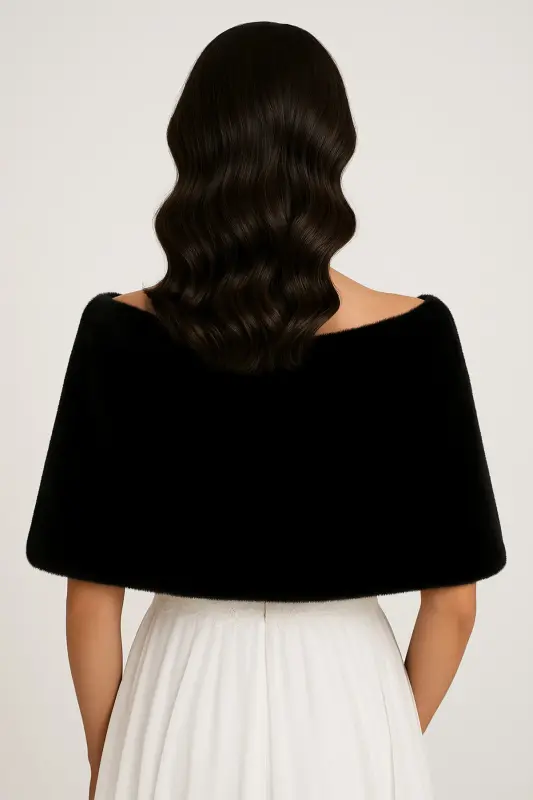 Women's Black Short Brooch Fur Stole Bridal Bolero Shoulder Wrap - 4