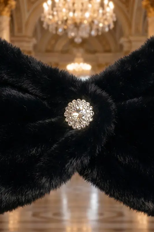 Women's Black Short Brooch Fur Stole Bridal Bolero Shoulder Wrap - 2
