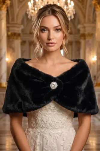 Women's Black Short Brooch Fur Stole Bridal Bolero Shoulder Wrap - 4