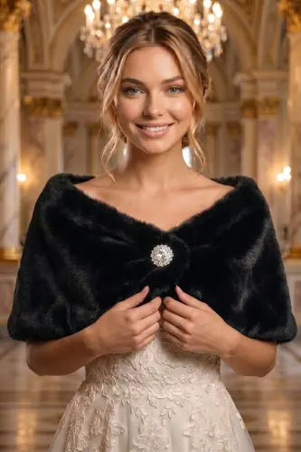 Women's Black Short Brooch Fur Stole Bridal Bolero Shoulder Wrap - 8