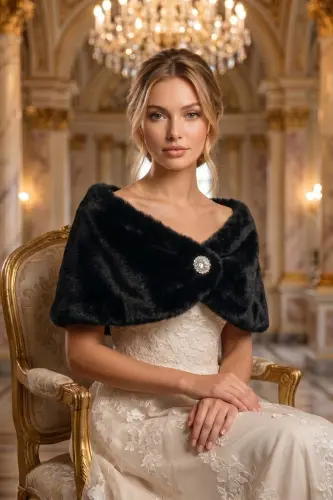 Women's Black Short Brooch Fur Stole Bridal Bolero Shoulder Wrap - 9