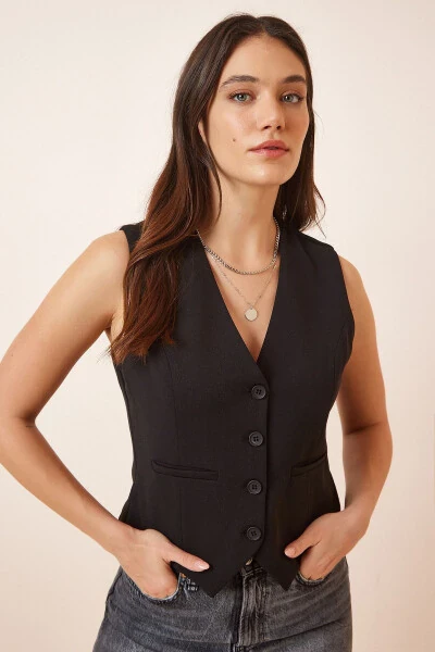 Women's Black Short Knitted Bodycon Vest TO00048 - 1