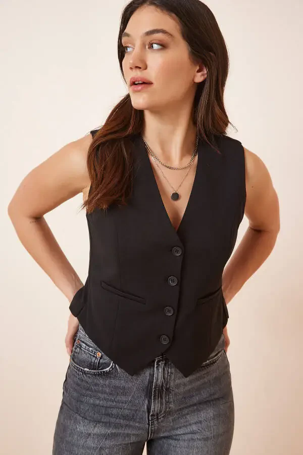 Women's Black Short Knitted Bodycon Vest TO00048 - 2