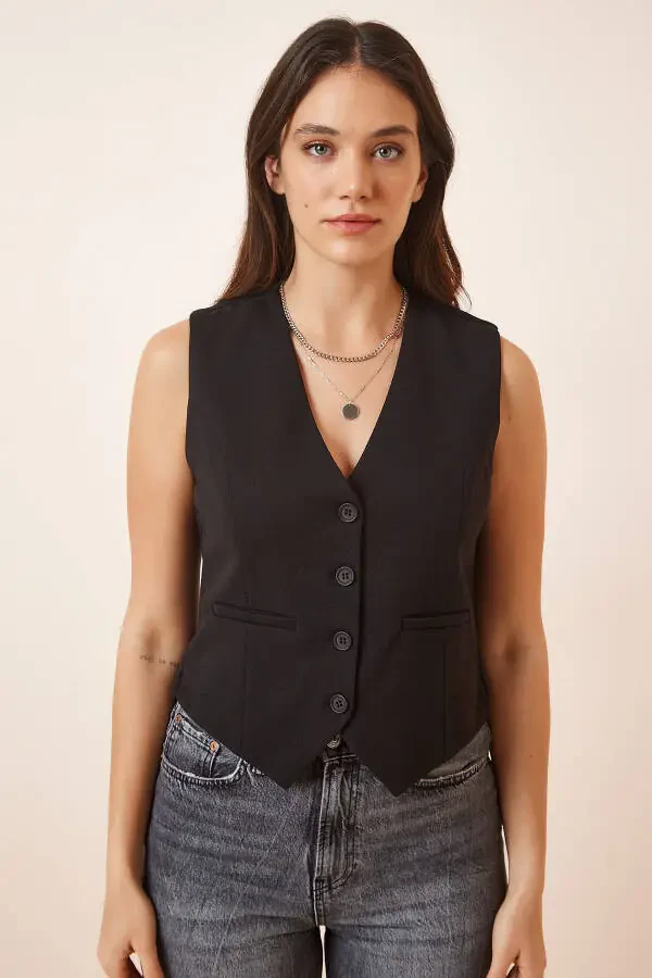 Women's Black Short Knitted Bodycon Vest TO00048 - 3