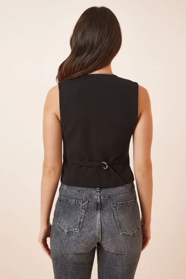 Women's Black Short Knitted Bodycon Vest TO00048 - 4