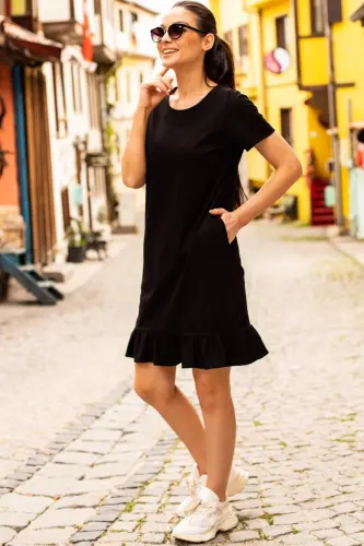 Women's Black Short-Sleeved Dress with Six Ruffles ARM-20Y001032 - ARMONIKA (1)