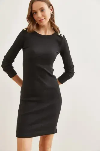 Women's Black Shoulder Buttoned Flannel Mini Flexible Dress - 1