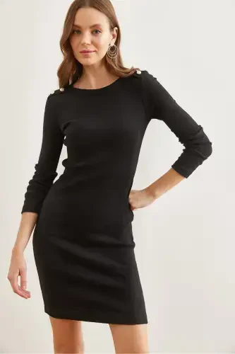 Women's Black Shoulder Buttoned Flannel Mini Flexible Dress - 3